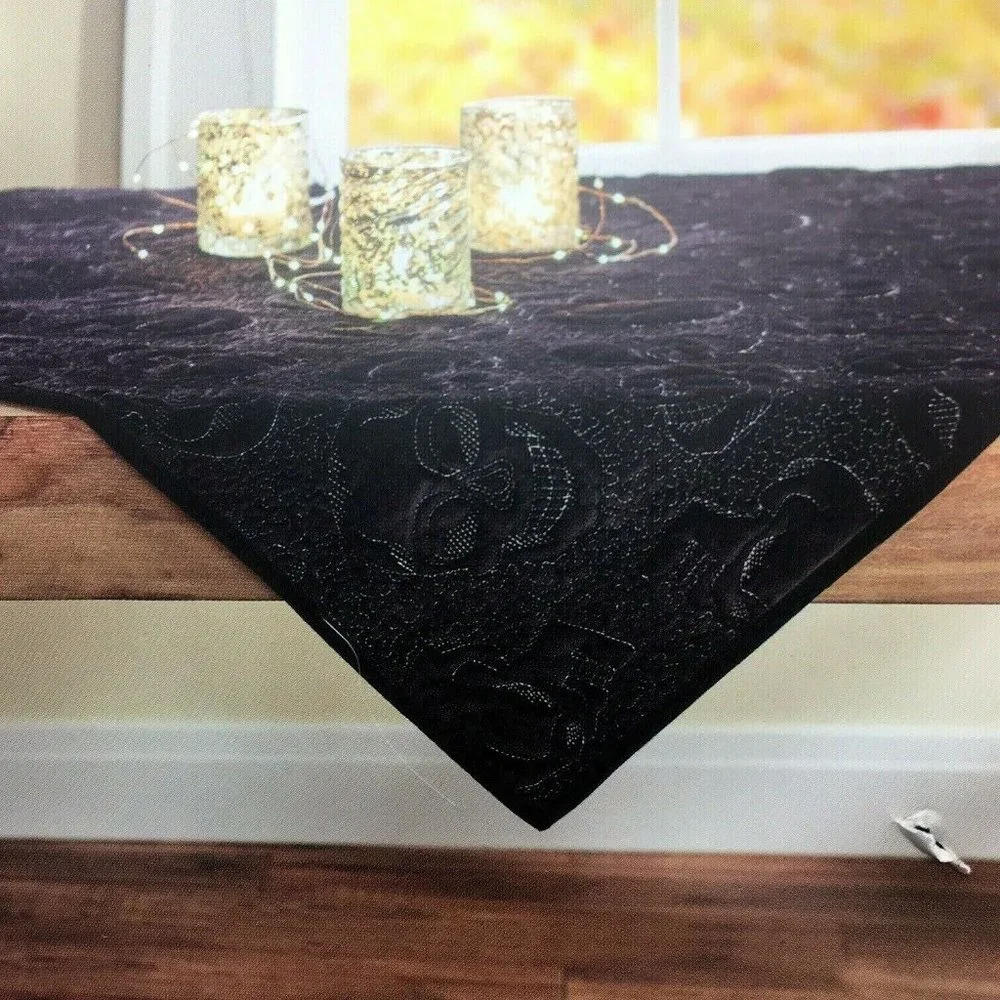 Shabby Chic Halloween Silver Skull Black Velvet Tablecloth 50